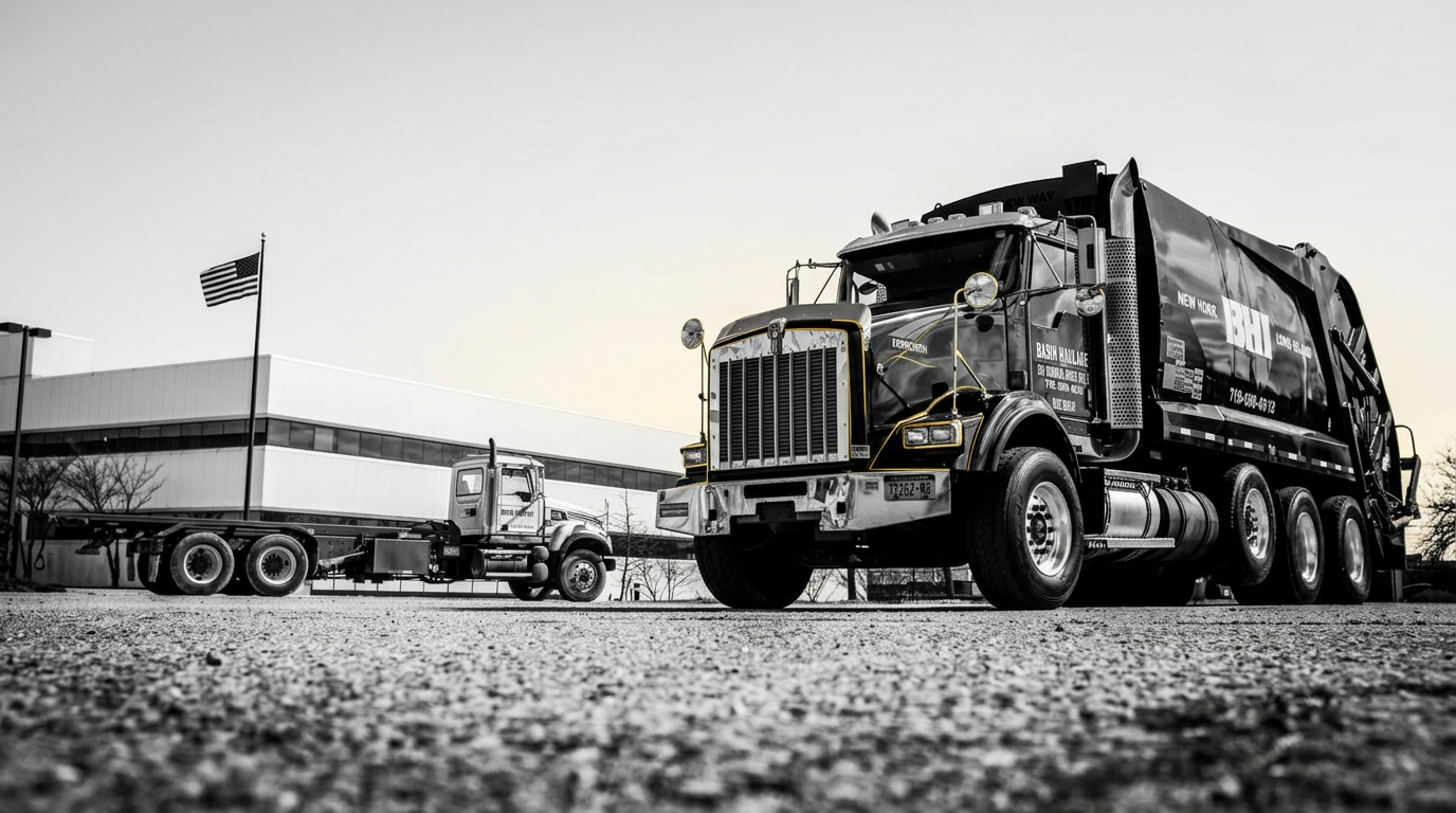 Commercial refuse trucks in a New York depot yard