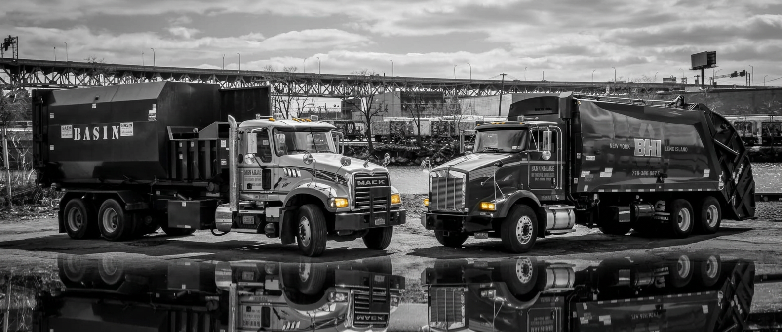 A fleet of refuse collection trucks lined up in a depot yard at dawn